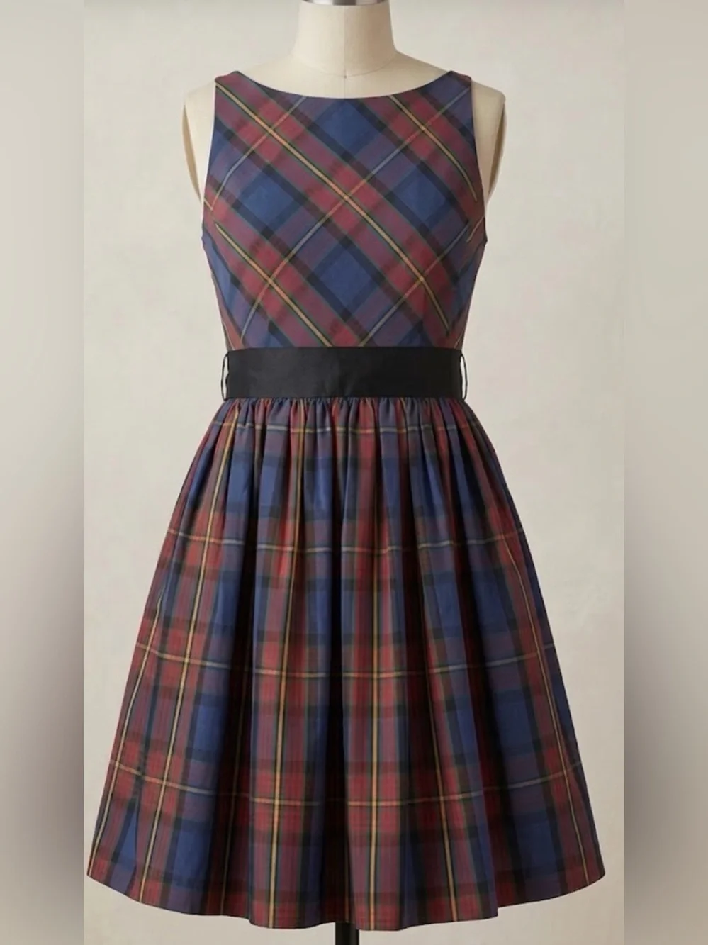 Ralph Lauren Navy and Burgundy Plaid Fit-and-Flare fancy tartan Dress luxury 14